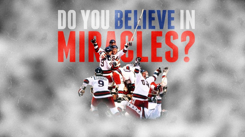 Banner: Do You Believe In Miracles? with photo of USA team celebrating their victory.